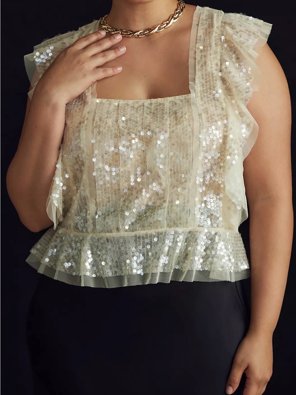 Anthropologie Sequin Ruffled Blouse Tank Top Tie-Back Ivory Cream Sz 3X Evening